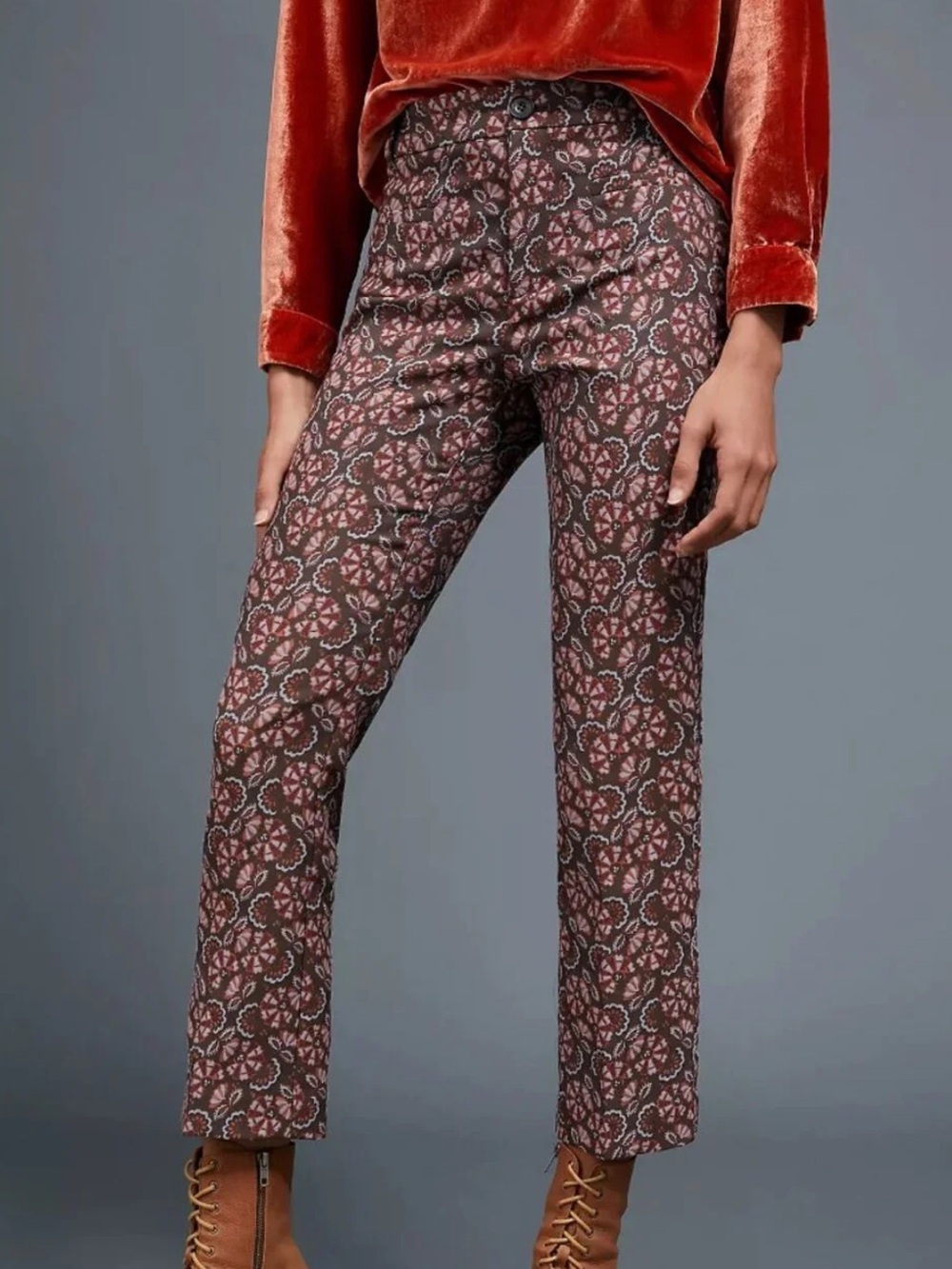 Anthropologie | Women’s Brown/Orange Floral Jacquard Essential Slim Ankle Pant 2